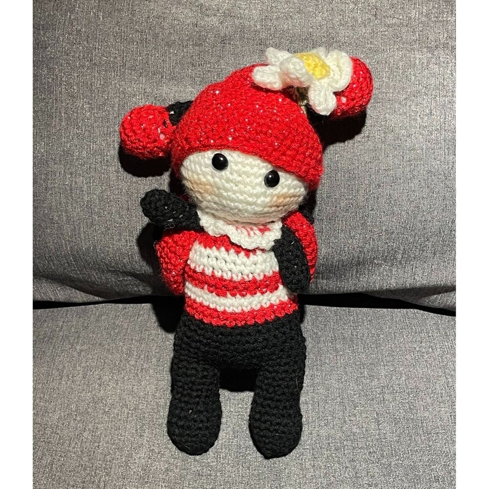 Handmade Crochet Ladybug Doll Amigurumi 12" Tall OOAK Wings Removable Hat Flower